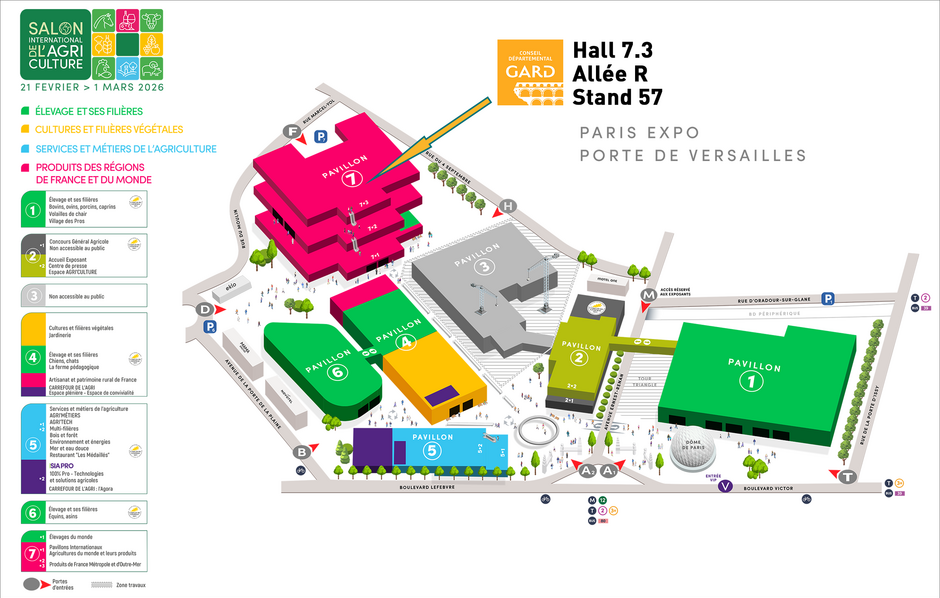 Plan du Salon de l'Agriculture - Le Stand du Gard est au Hall 7.3 - Allée R - Stand 57 - Agrandir l'image (fenêtre modale)